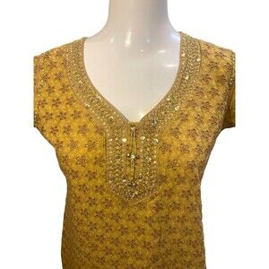 Bollywood women's S tunic short sleeve EU 40 yellow gold beaded boho wedding